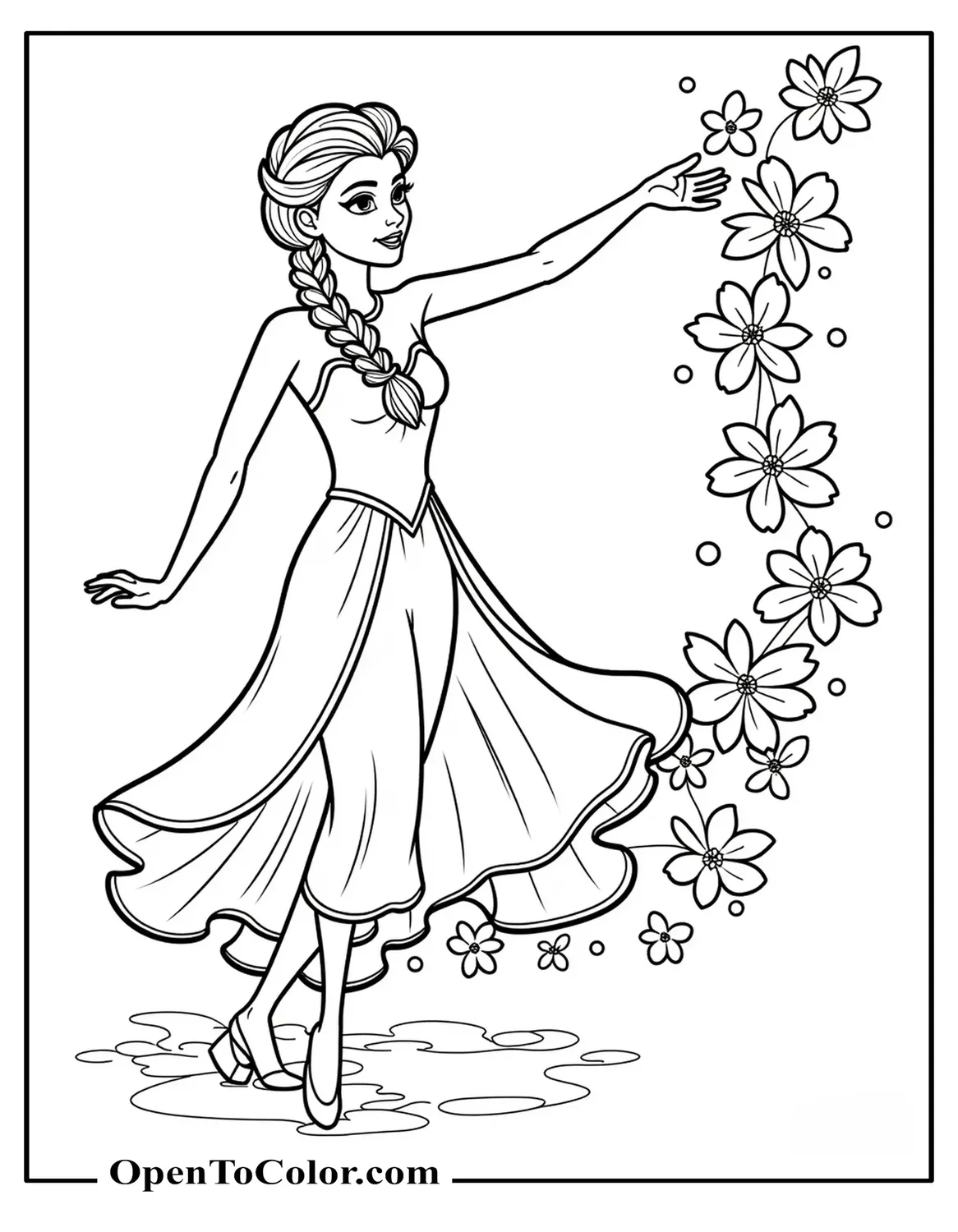 Enchanting Elsa Hovering, Creating Snow Swirls Shaped Like Flowers, Coloring Page PDF