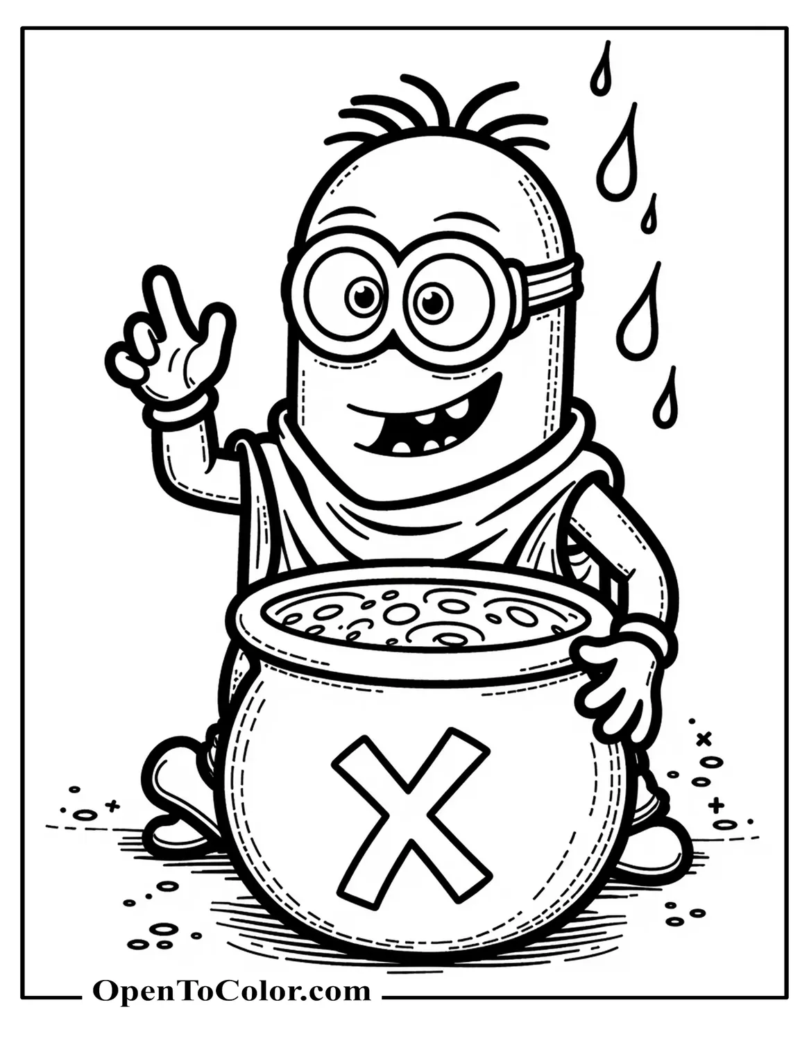Free Coloring Sheet of Evil Purple Minion Stirring Bubbling Cauldron Marked “X”