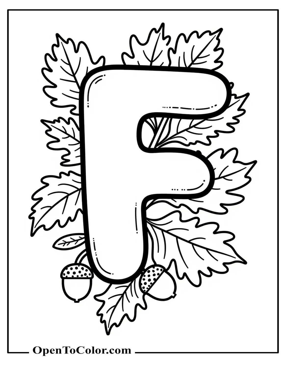 Bubble letter F surrounded by miniature leaves and acorns ready to color, coloring sheet PDF.