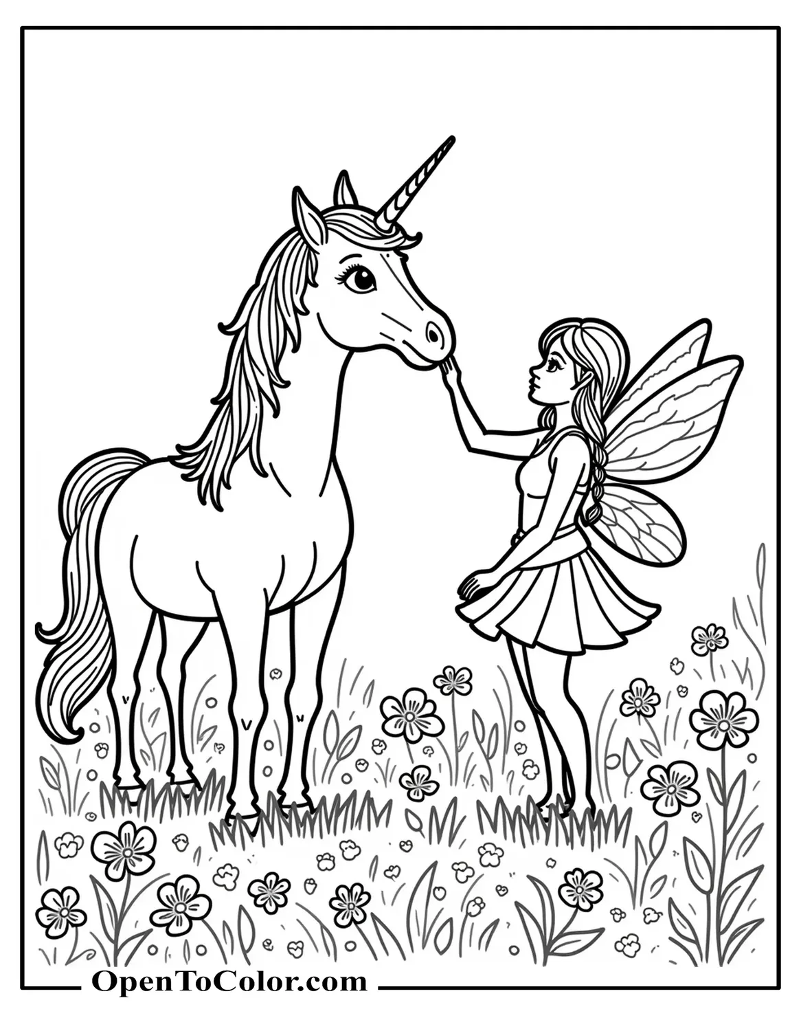 Free Coloring Sheet: Fairy Touching a Unicorn’s Horn in a Flower Meadow