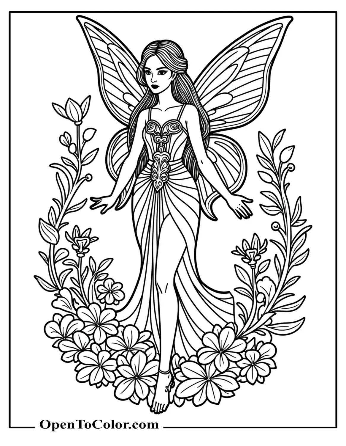 Detailed Fairy Surrounded By Intricate Floral Patterns And Vines Coloring Sheet Printable