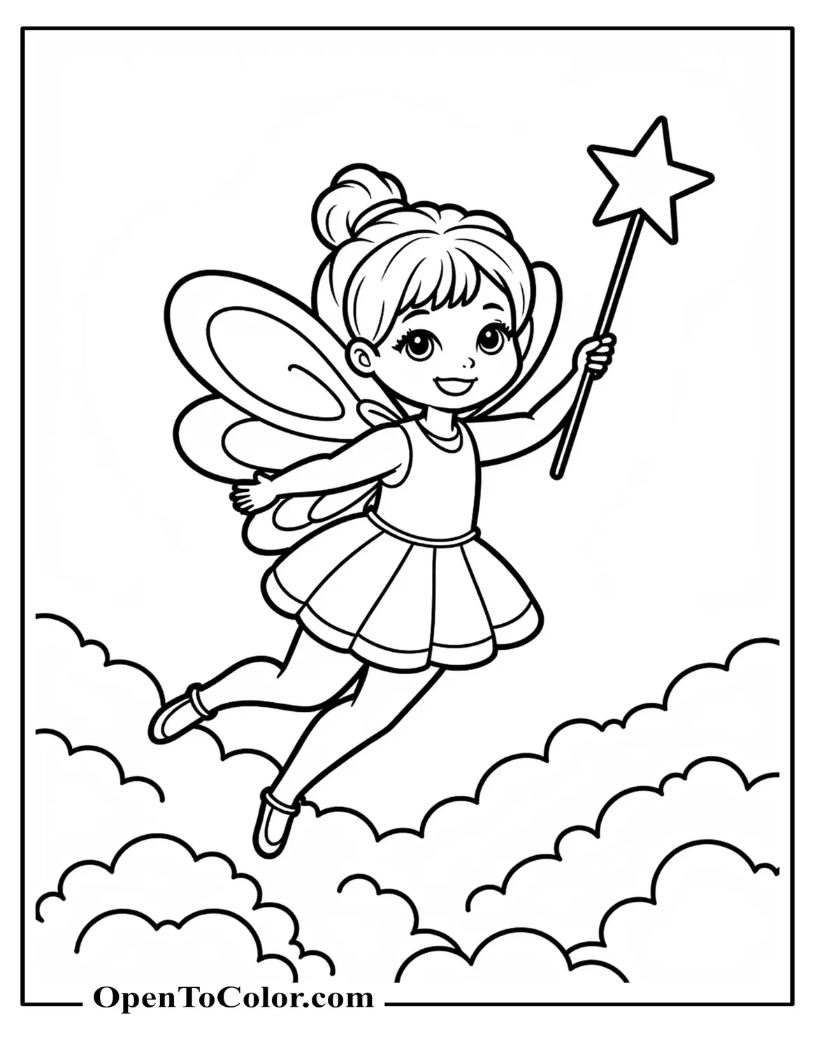 Free Coloring Sheet of Cartoon Fairy Flying with Star Wand Above Fluffy Clouds