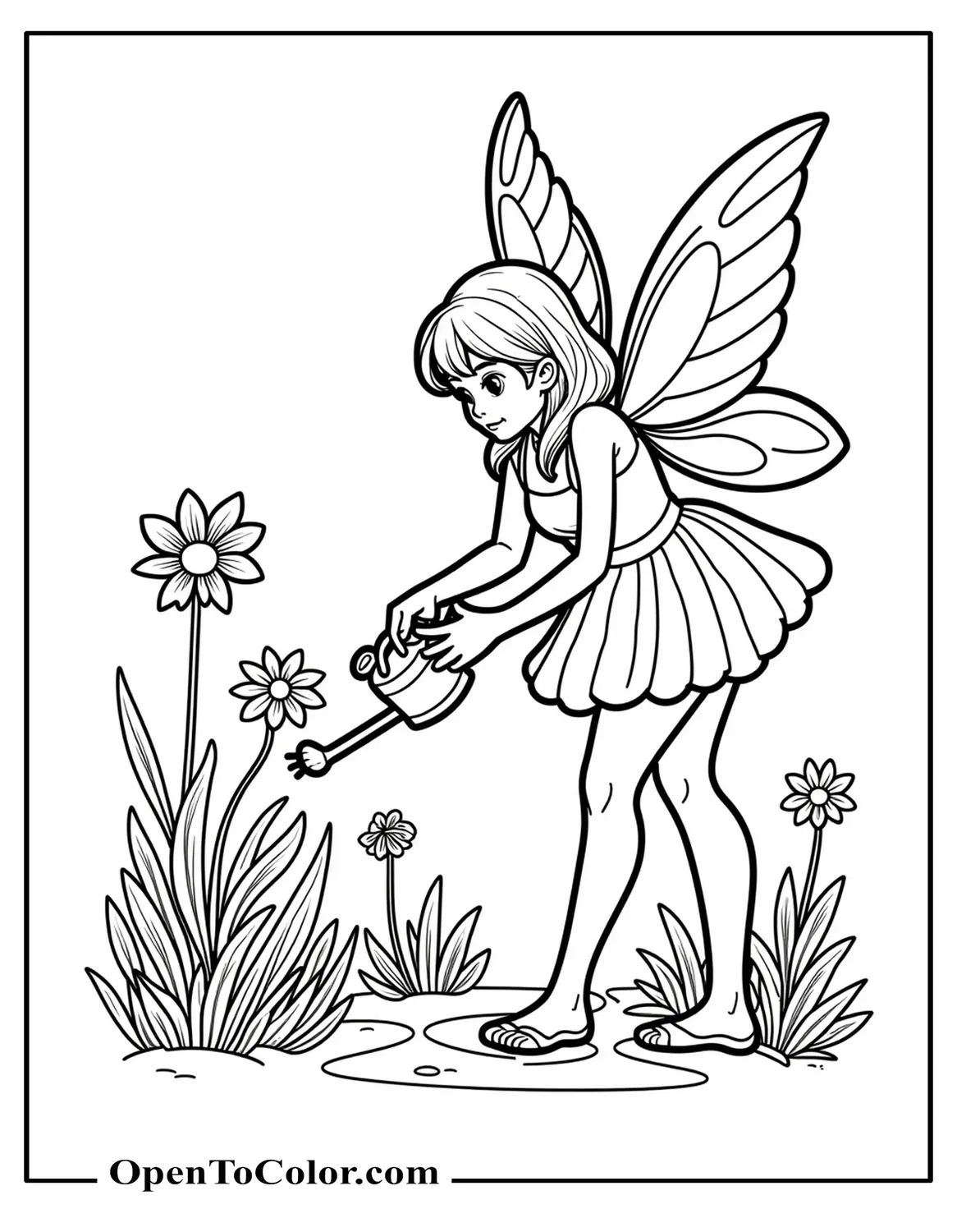 Printable Coloring Sheet of a Fairy Watering Flowers With a Tiny Leaf Watering Can