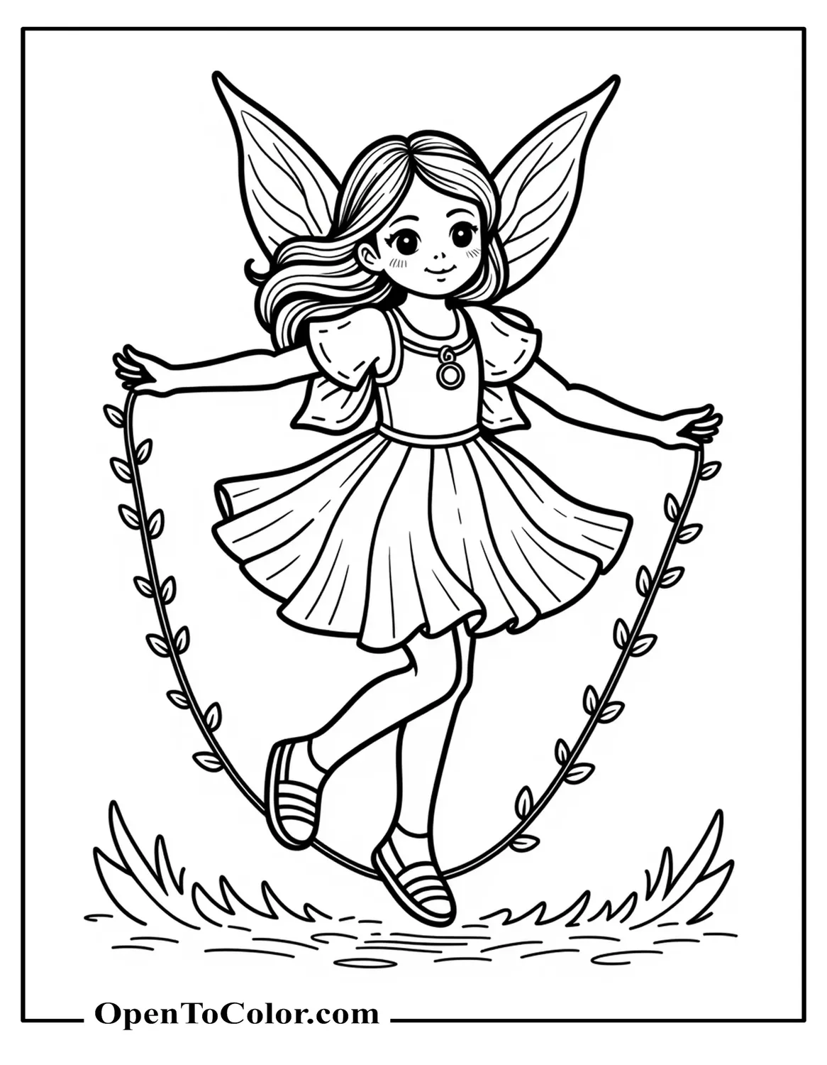 Free Coloring Sheet of Little Girl Fairy Skipping Rope Made of Vine