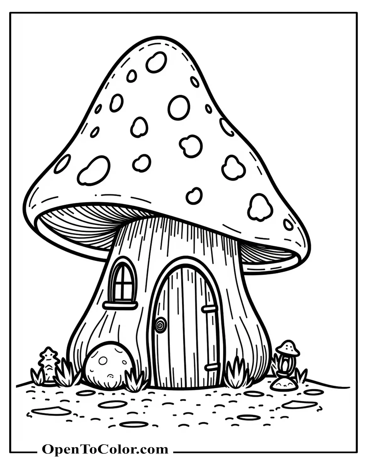 Printable Coloring Page of Mushroom-Shaped Fairy House with Tiny Lanterns and Arched Door