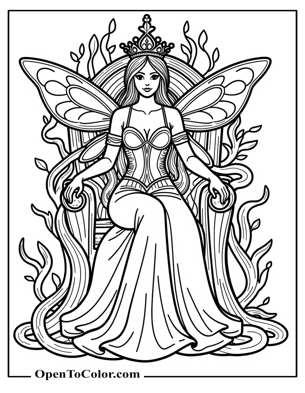 Regal Fairy Queen Seated On A Throne Of Tangled Vines Coloring Sheet PDF