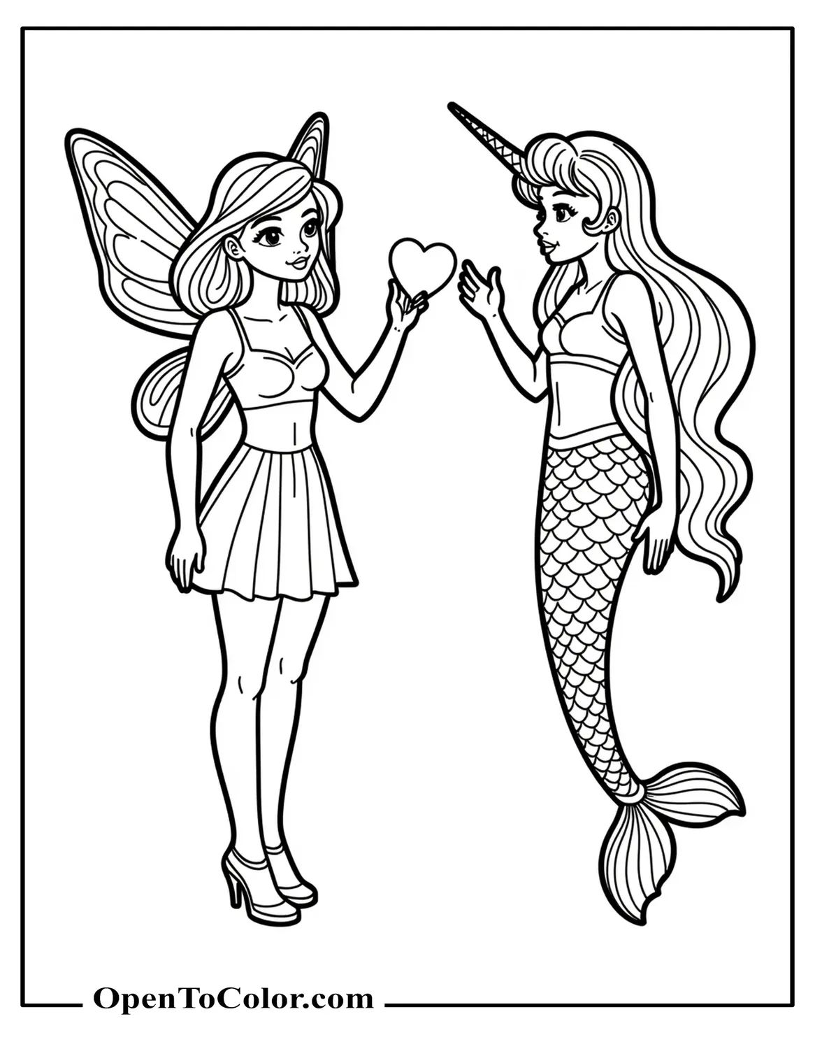 Fairy and a Unicorn Mermaid Coloring Page Printable