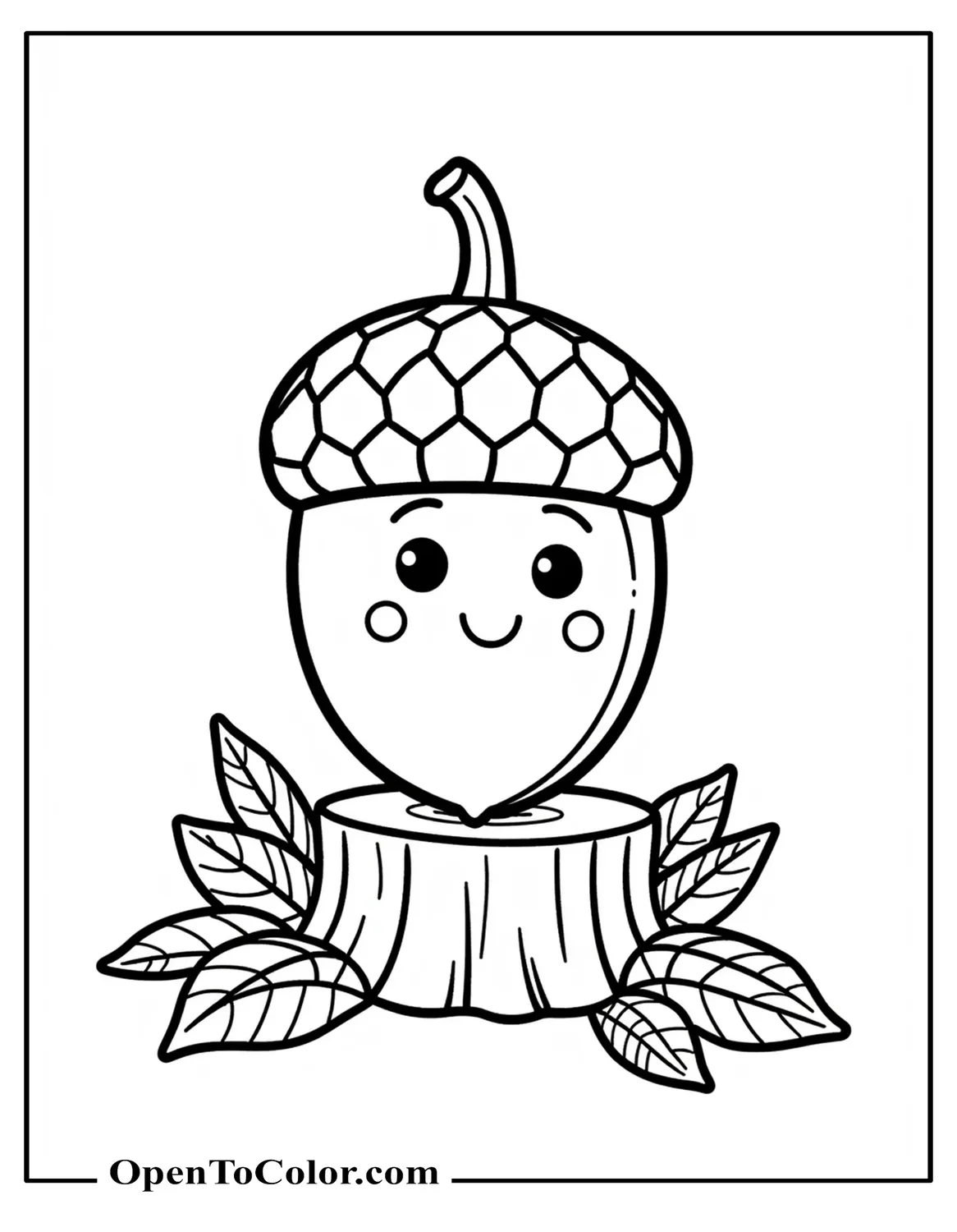 Smiling Acorn Wearing A Tiny Cap Sitting On A Stump Among Scattered Leaves Coloring Page Printable