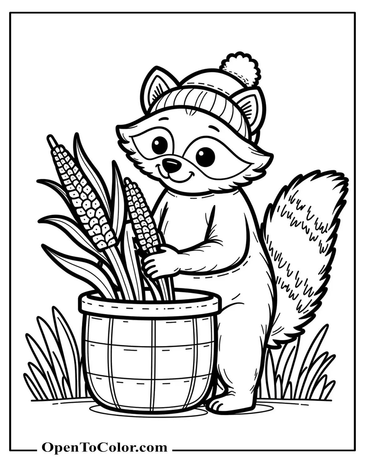 Raccoon Wearing A Beanie Gathering Corn Stalks Into A Basket Coloring Page PDF