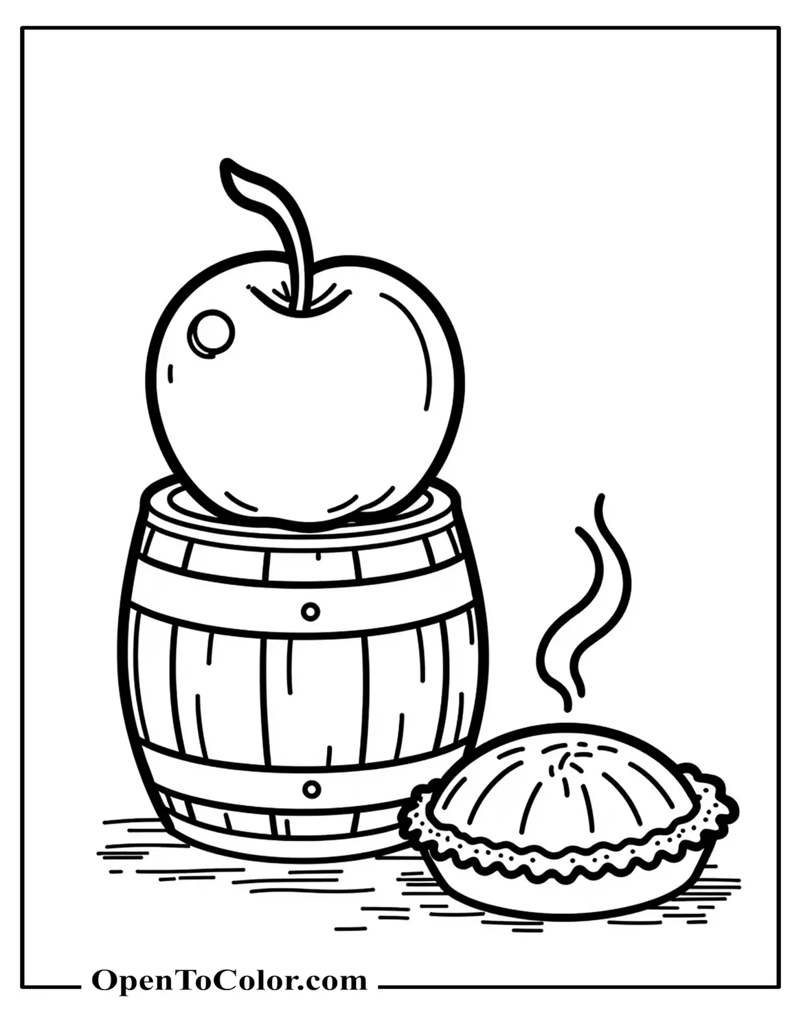 Coloring Page PDF of an Apple Resting on a Barrel with Steam Spiraling from a Fresh Pie Nearby