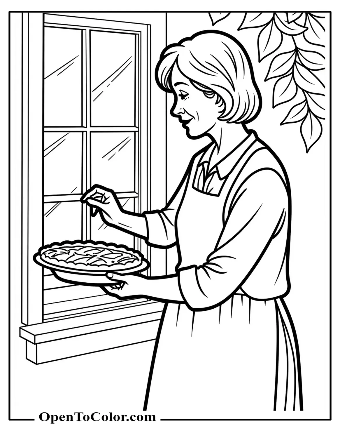 Grandmother Placing A Lattice Apple Pie On A Windowsill Coloring Sheet PDF