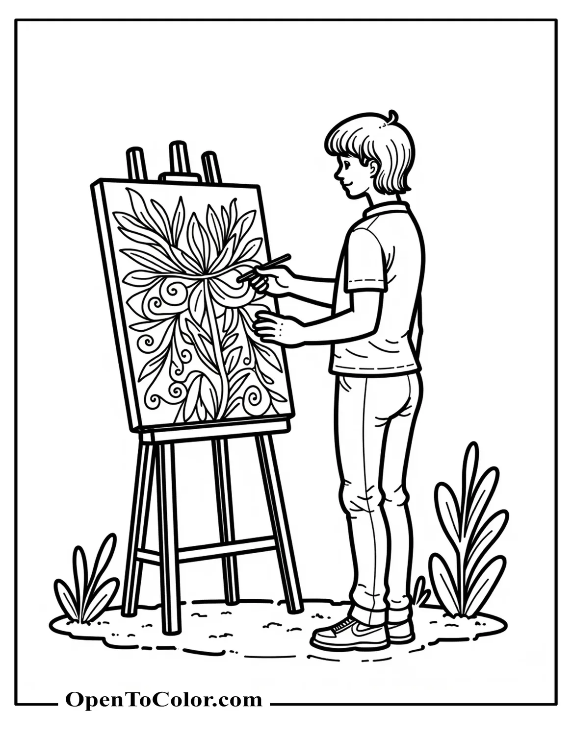 Artist easel outdoors displaying a canvas painted with swirling leaves, coloring page PDF.