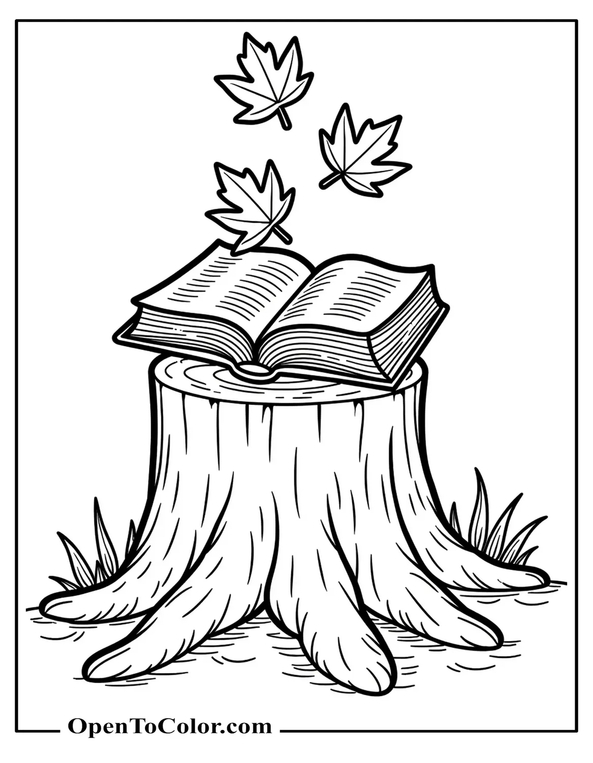 Free Coloring Sheet of an Open Bible on a Tree Stump with Maple Leaves Landing on Its Pages