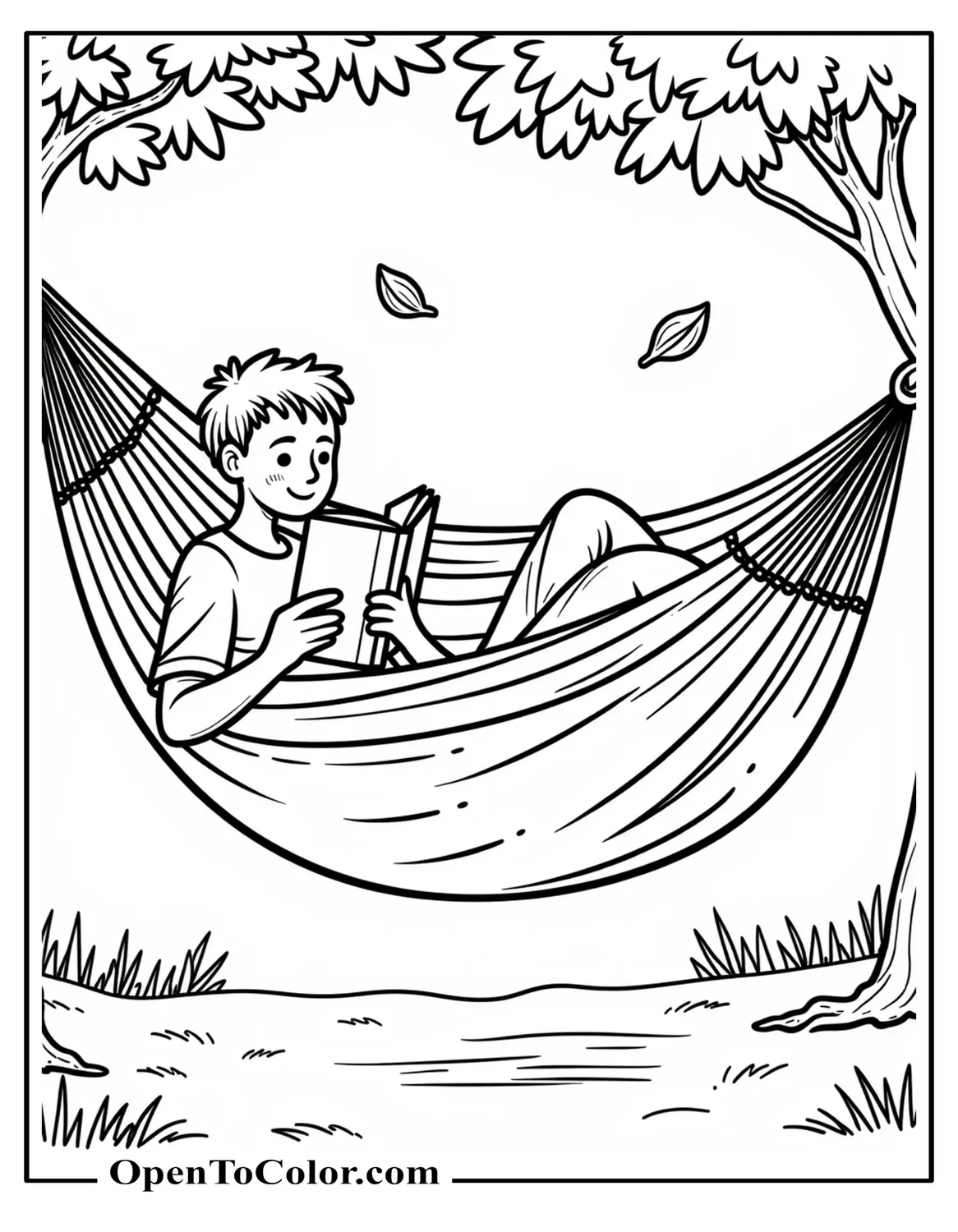 Student Reclining In A Hammock Reading A Book While Leaves Drift During Break Coloring Sheet PDF