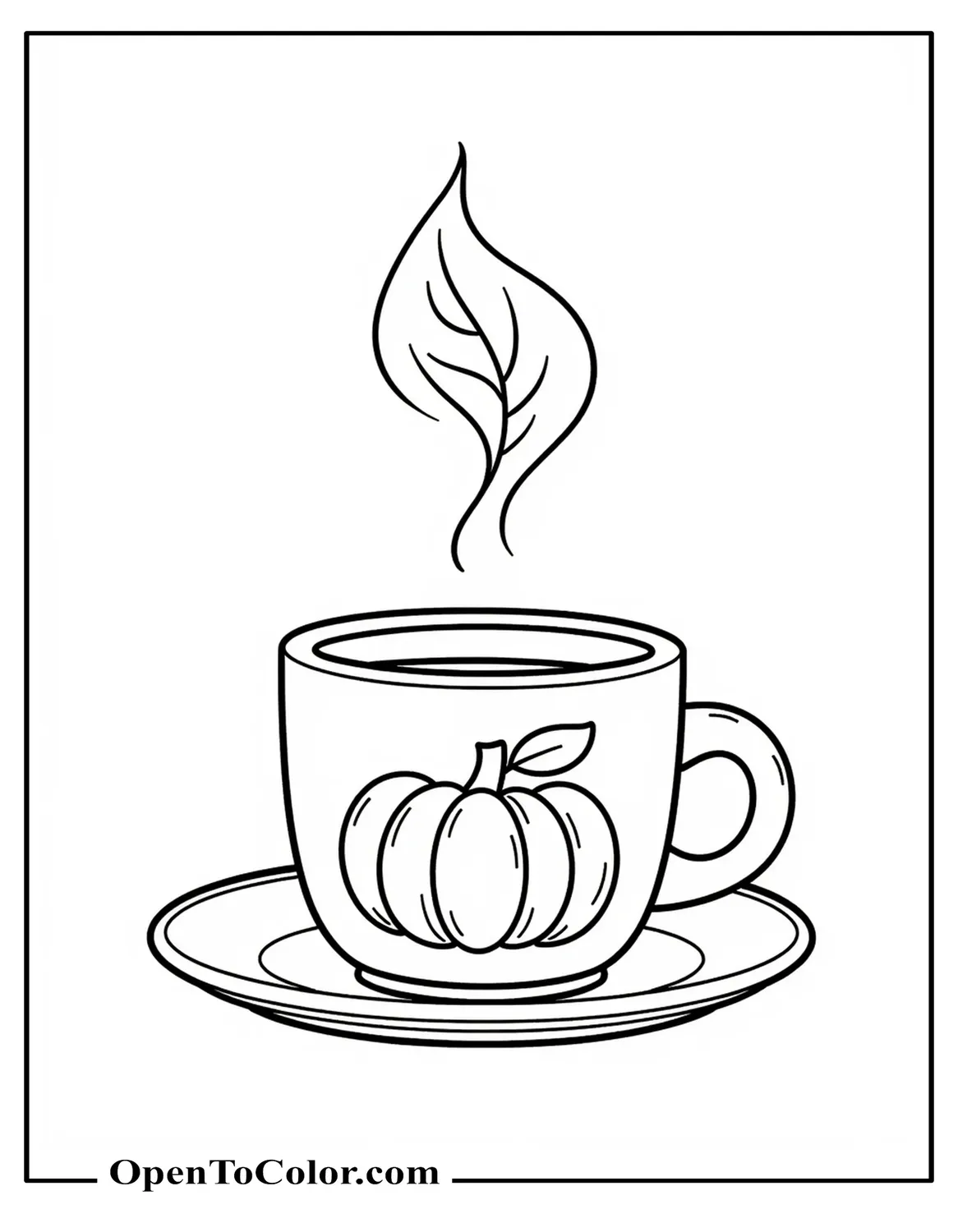 Steaming Coffee Mug With A Pumpkin Design And A Steam Coming Out In A Form Of A Leaf Coloring Page Printable