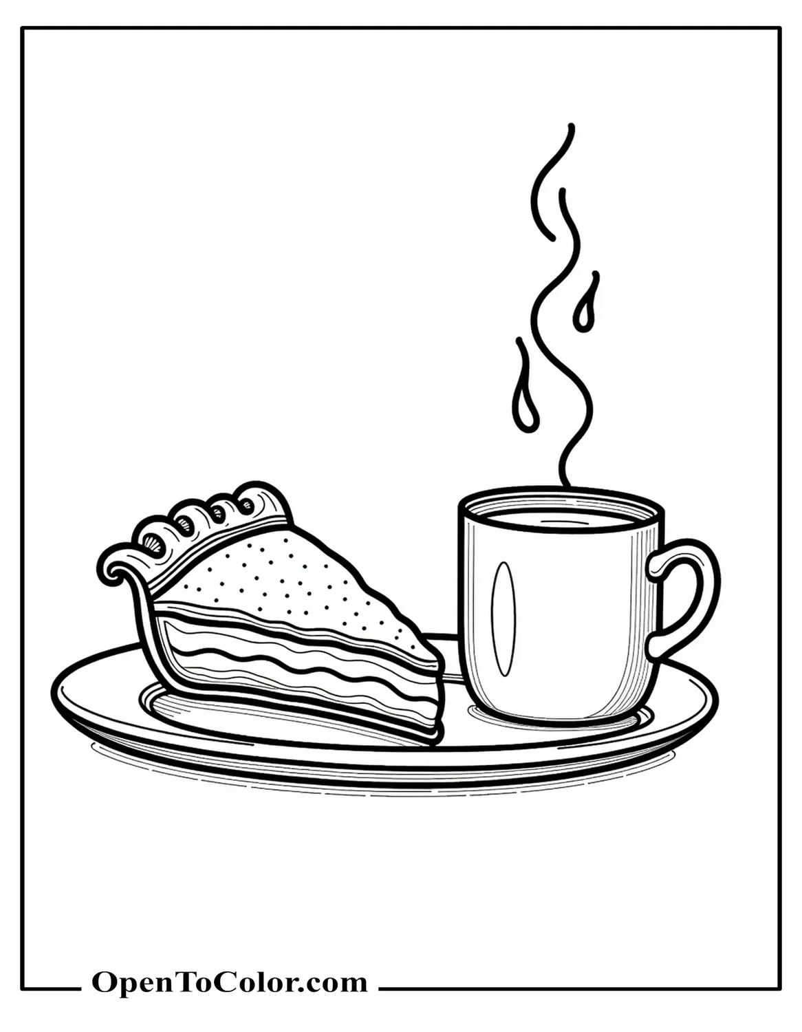 Free Coloring Page Showing a Pie Slice and a Cup of Hot Tea