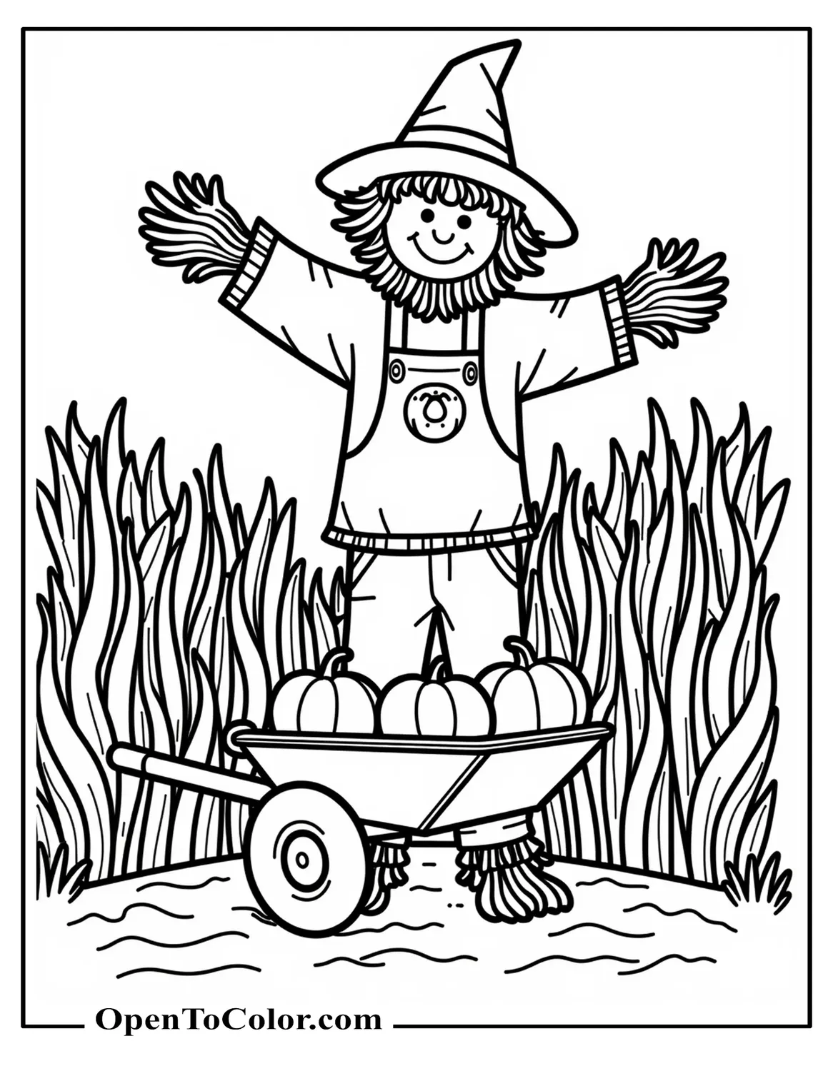 Free Coloring Sheet of a Smiling Scarecrow Waving in a Cornfield with a Wheelbarrow of Pumpkins