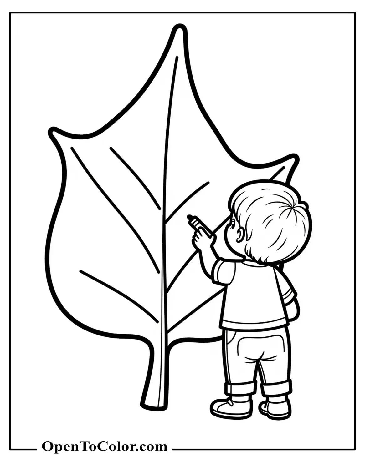 Kindergarten child tracing a large leaf outline with a crayon coloring page PDF.