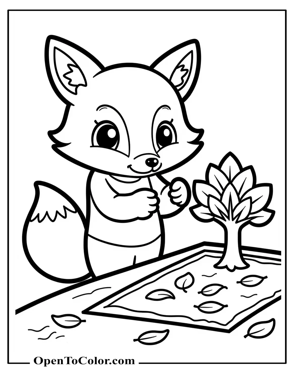 Free Preschool Fox Coloring Sheet Gluing Leaves Onto a Paper Tree at a Craft Table