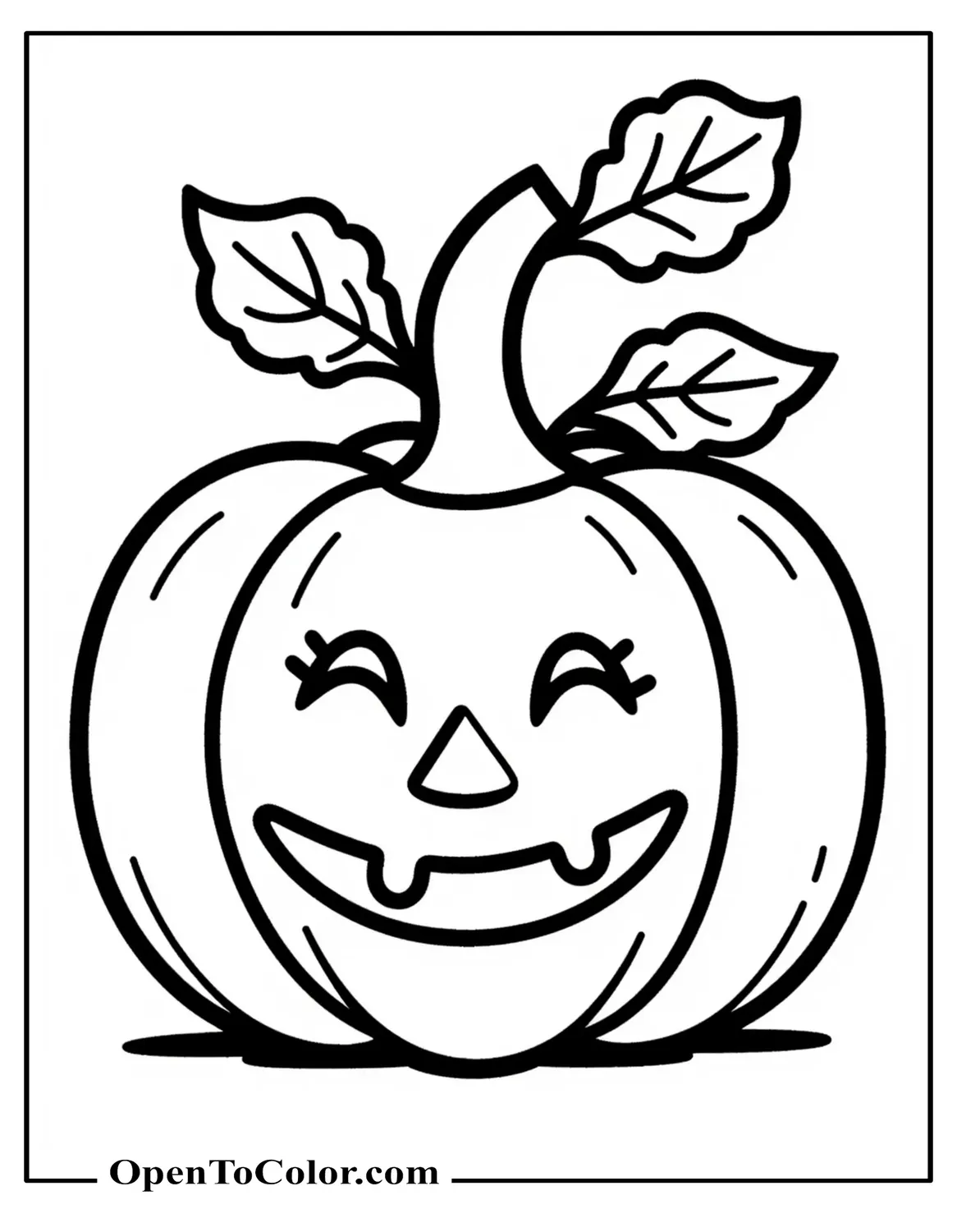 Toddler-friendly big smiling pumpkin coloring page with three simple leaves on the stem, printable.