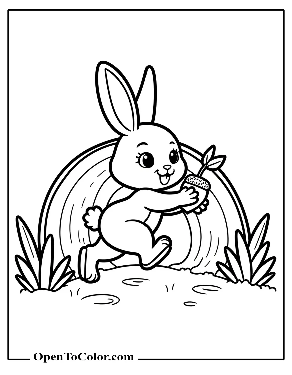Preschool bunny coloring page hopping through a leaf tunnel while holding a tiny acorn printable.