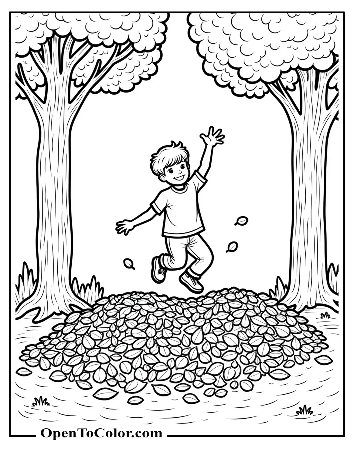 Coloring page PDF of a child jumping into a big leaf pile beneath tall maple trees.