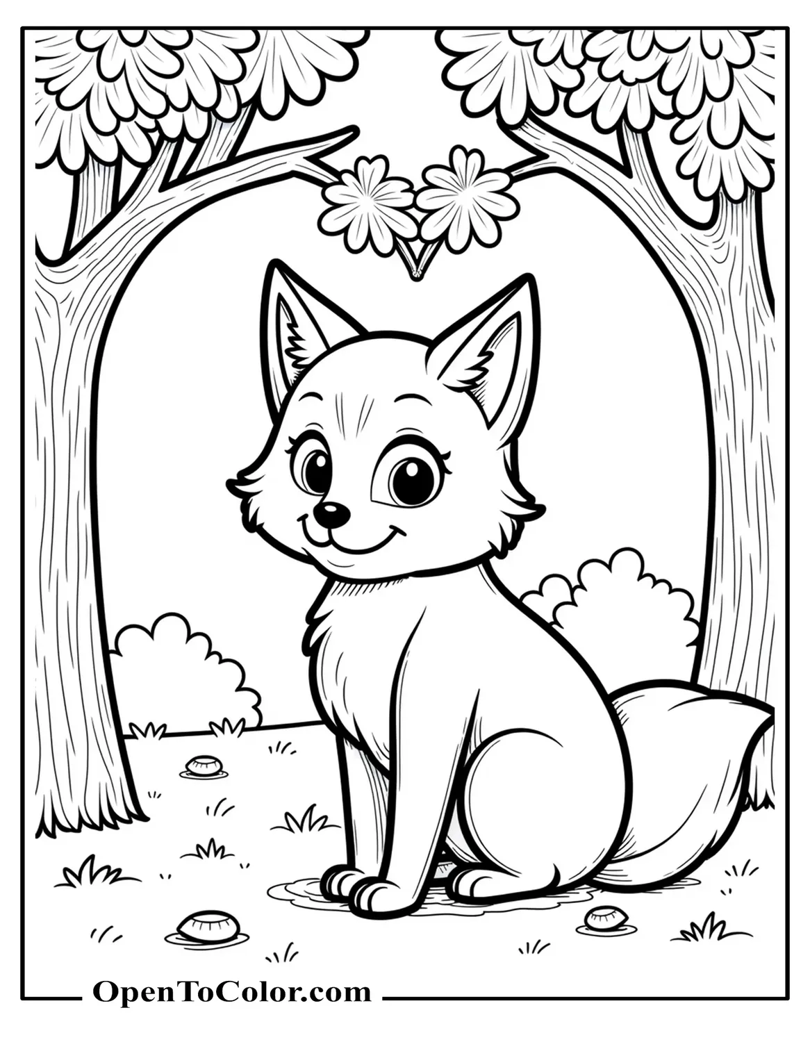 Cartoon Fox Posing In Autumn Scene With Maple Leaves Forming A Heart, Printable Coloring Sheet