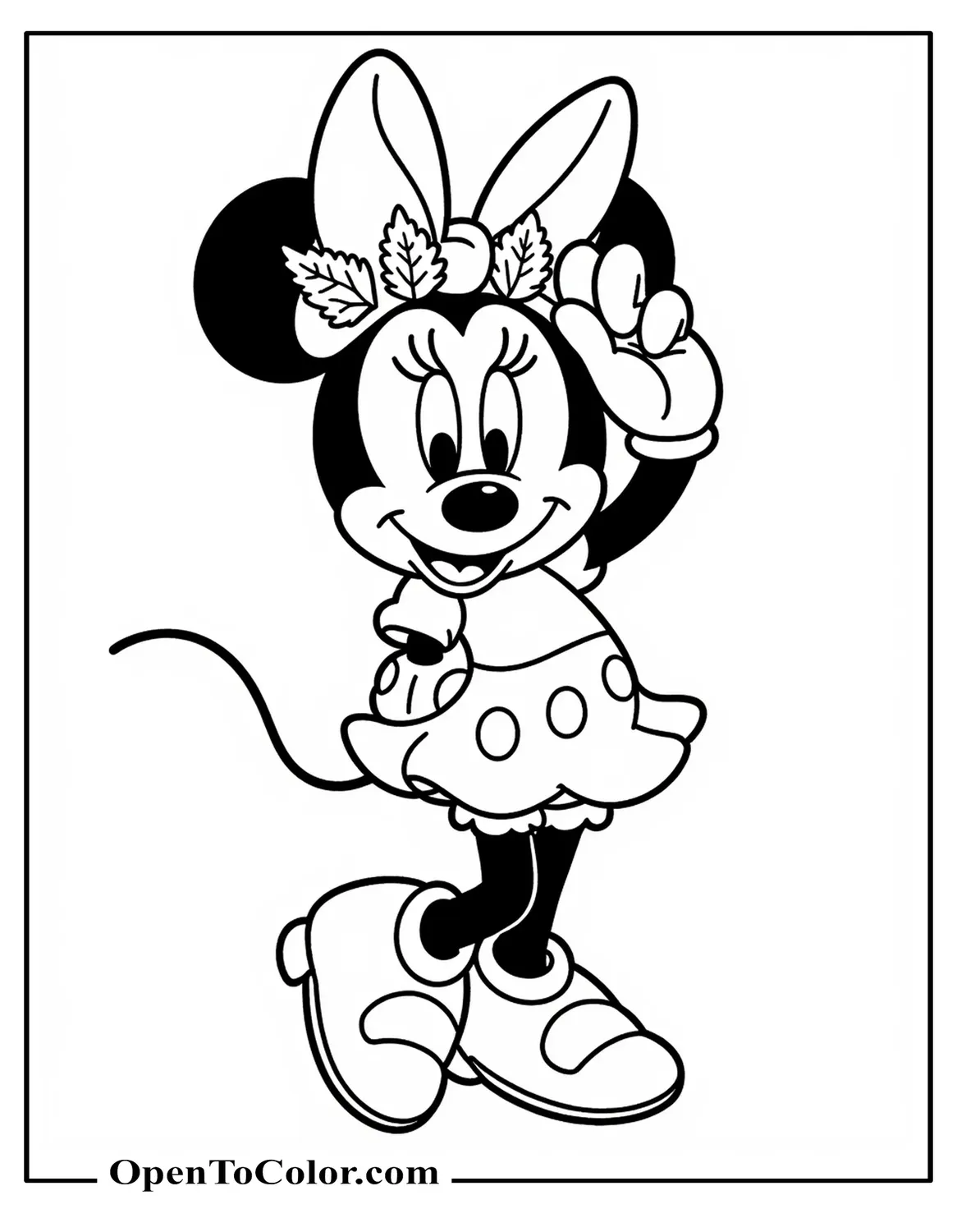 Disney Minnie Mouse Placing A Leaf Crown On Her Own Head And Smiling Coloring Sheet PDF