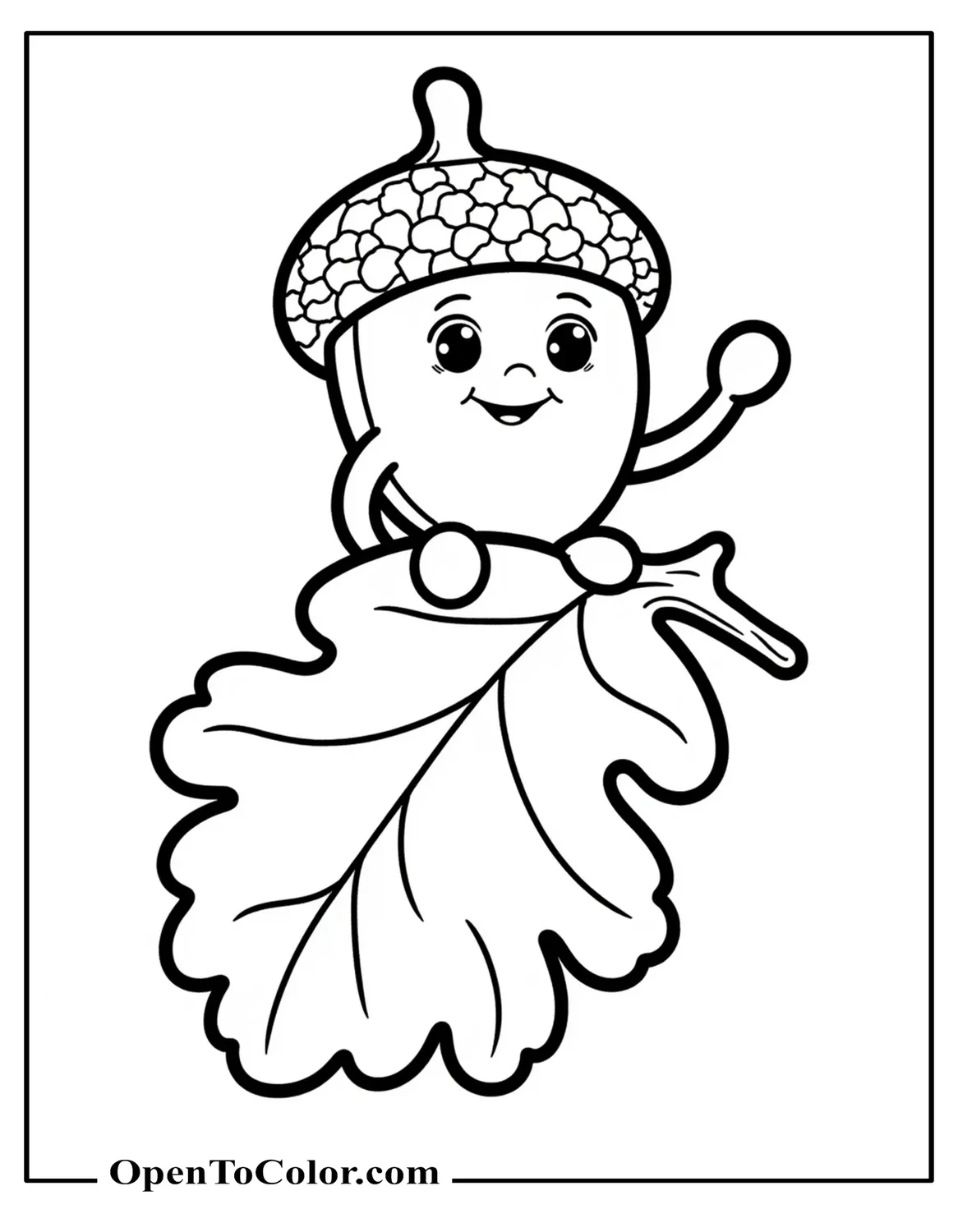 Free Coloring Sheet: Smiling Acorn Waving From Atop a Giant Oak Leaf