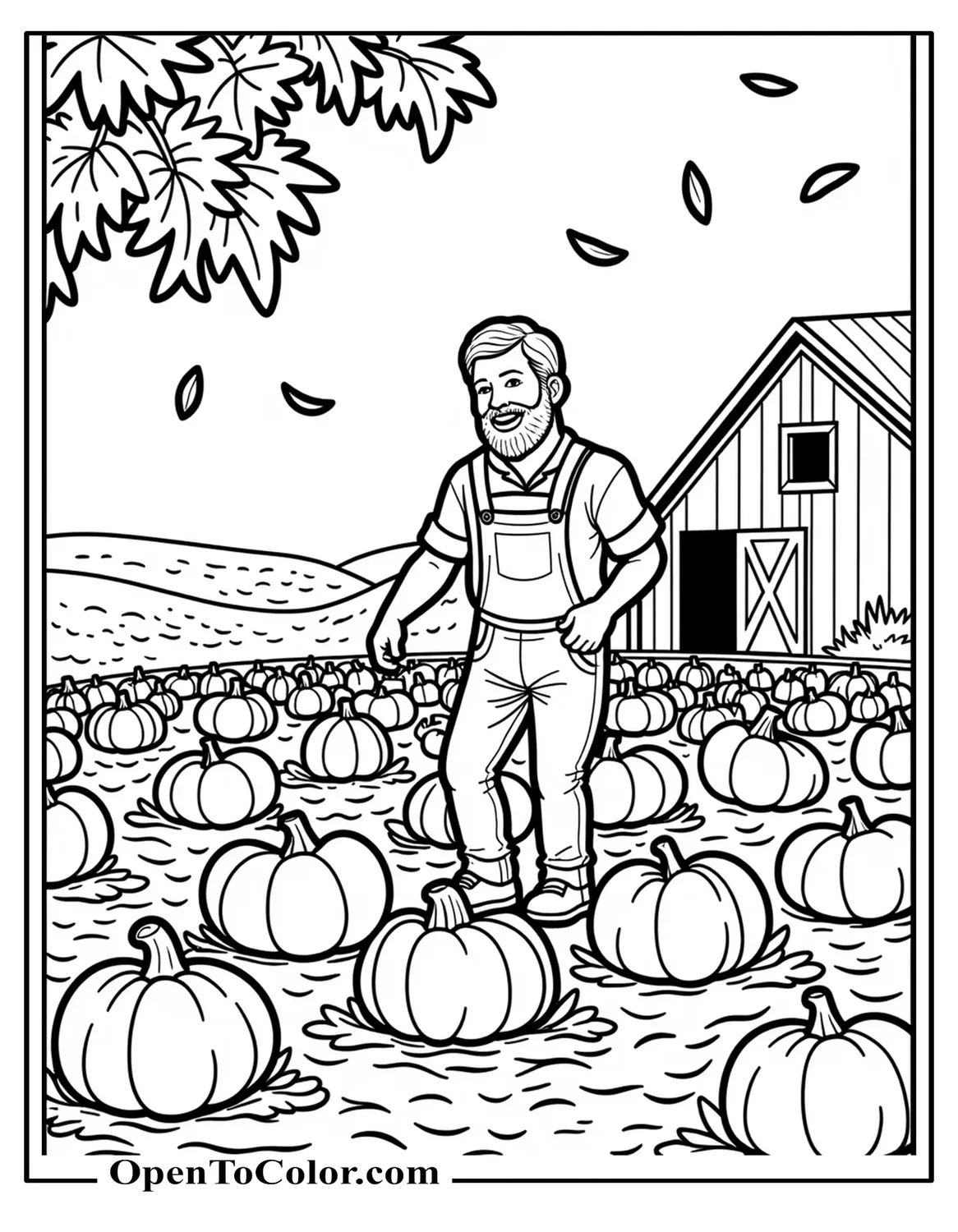 Printable Coloring Sheet of Farmer Harvesting Pumpkins Beside a Barn Under Gently Falling Leaves