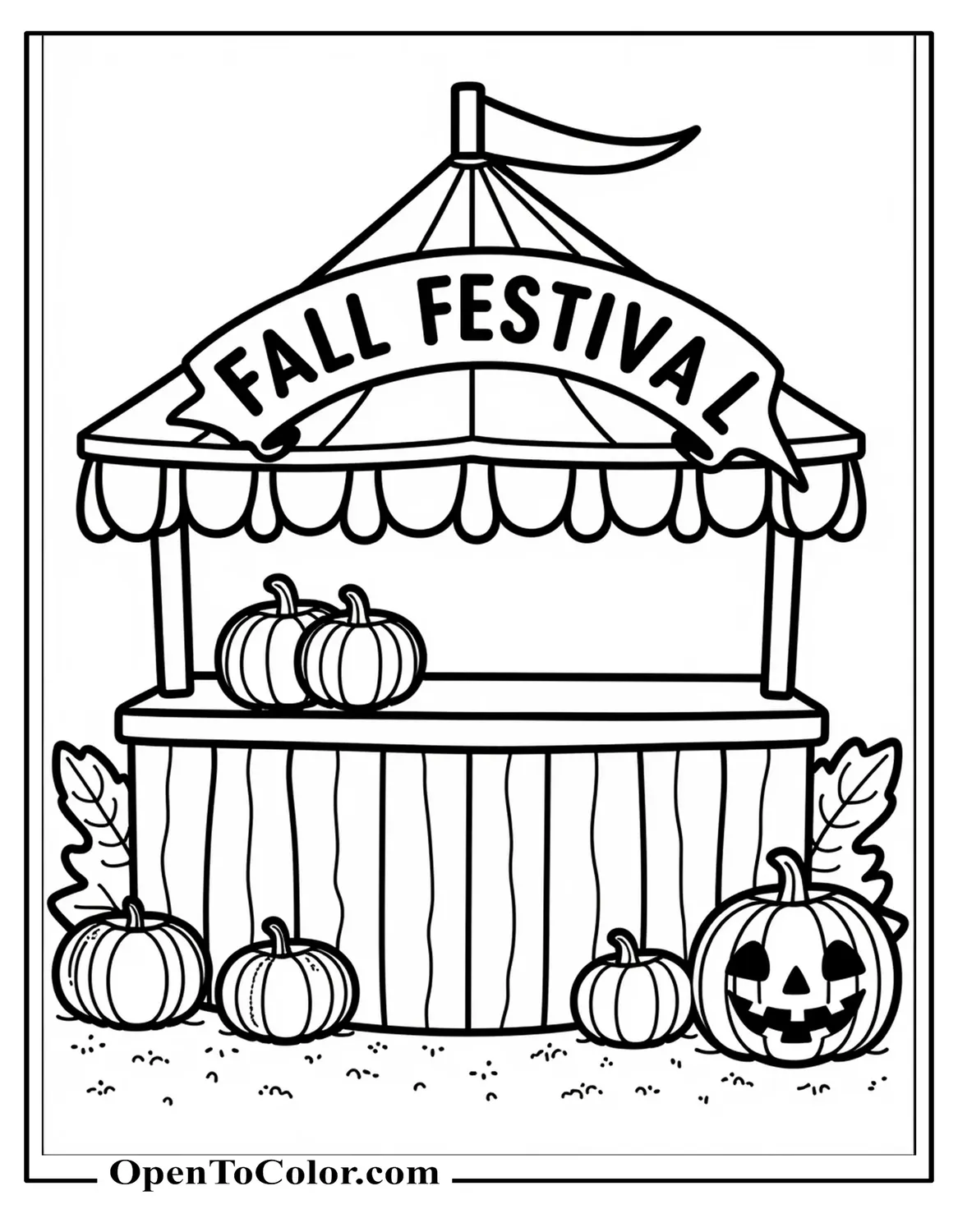Small carnival booth with a banner “Fall Festival”, a few pumpkins and one jack-o’-lantern, printable coloring sheet.