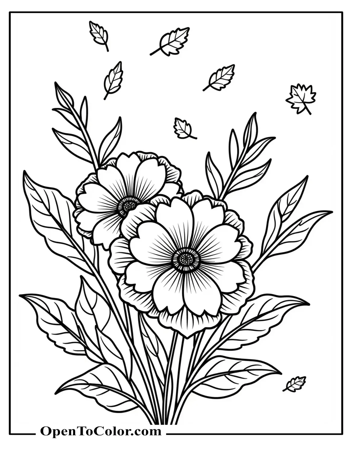 Autumn flowers with falling leaves around coloring sheet PDF.