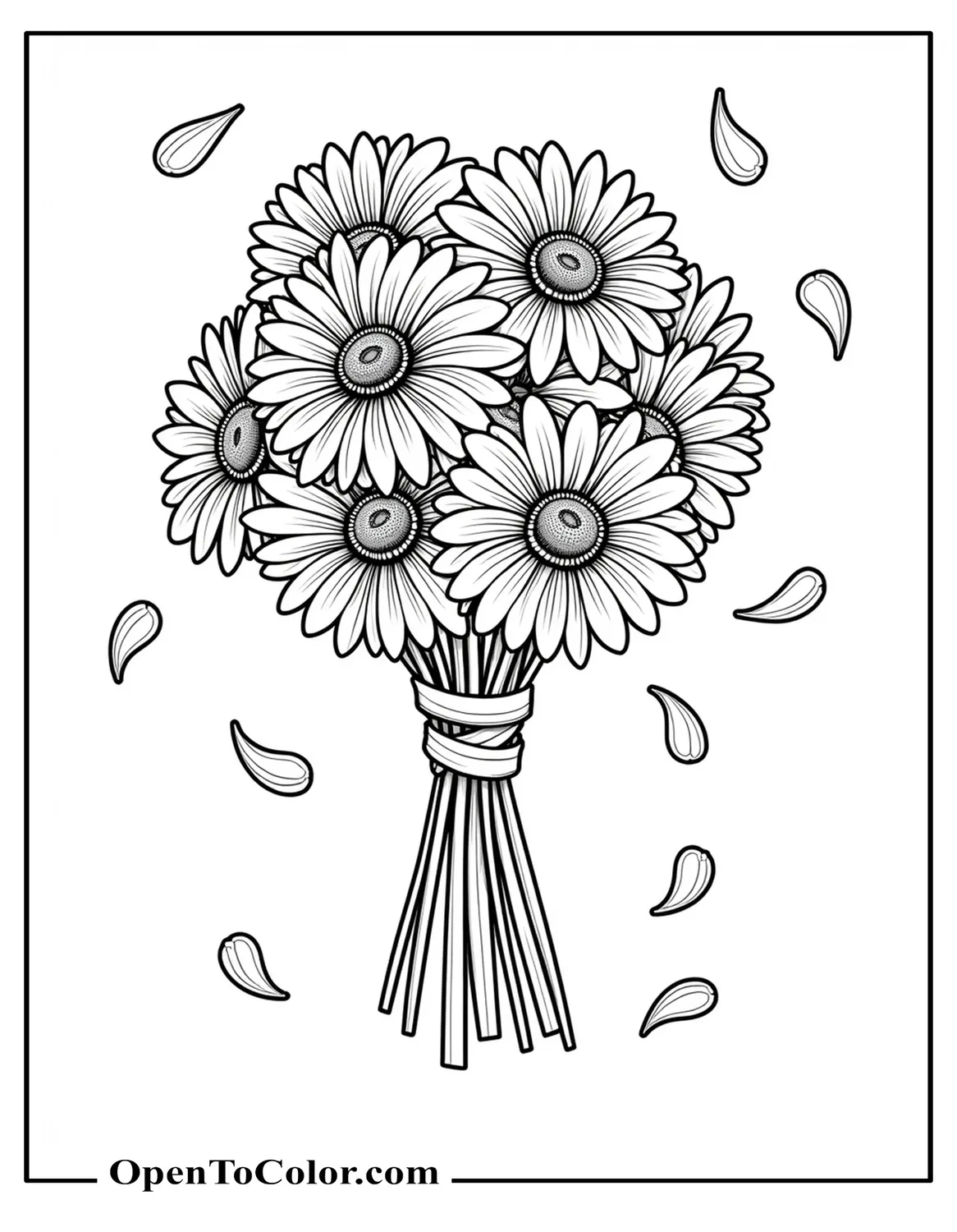 Free Coloring Page: Bouquet of Chrysanthemums Tied with a Ribbon, Petals Falling Around