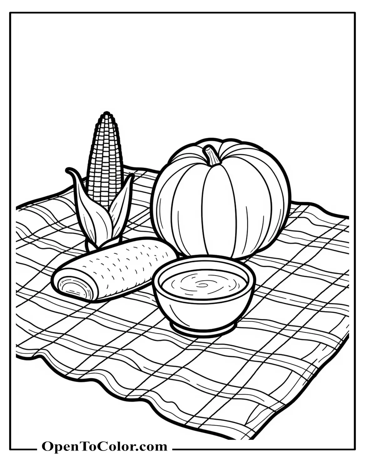 Printable Coloring Sheet of a Picnic Blanket Displaying a Corn Cob, Loaf of Bread, a Pumpkin, and Pumpkin Soup Bowl