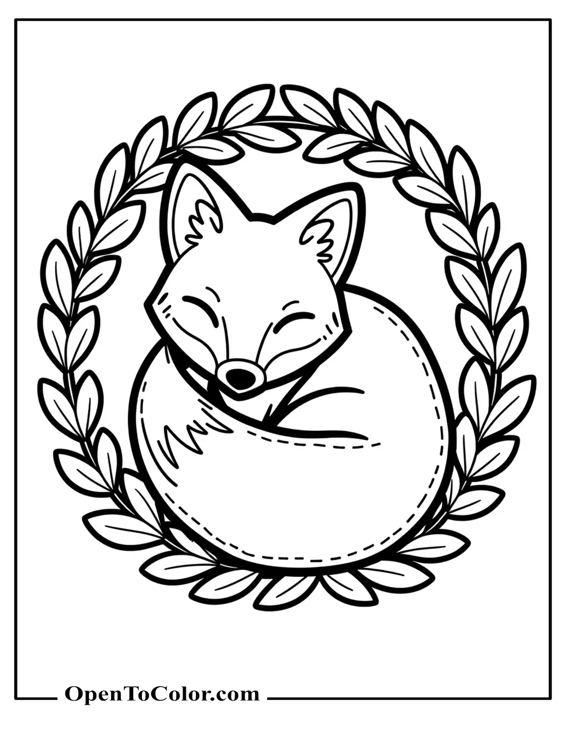 Printable Coloring Page of a Sleepy Fox Curled Inside a Ring of Fallen Leaves