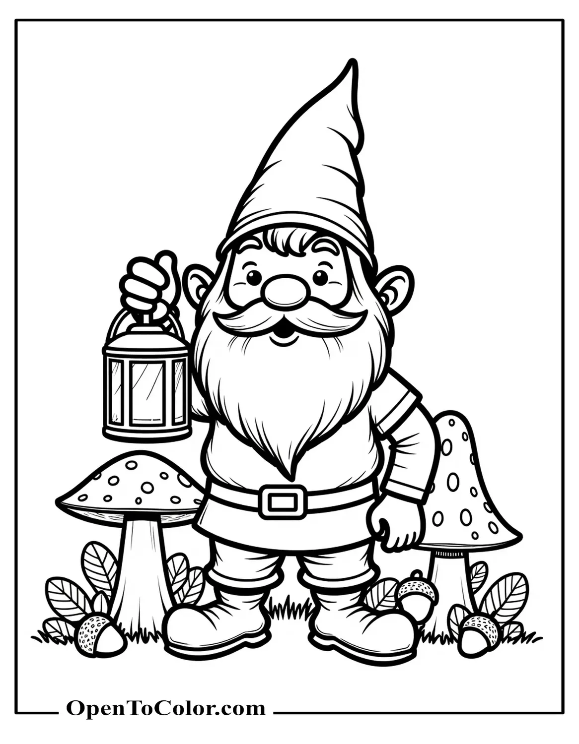 Free Coloring Page of Bearded Gnome Holding a Lantern While Standing Among Toadstools and Acorns