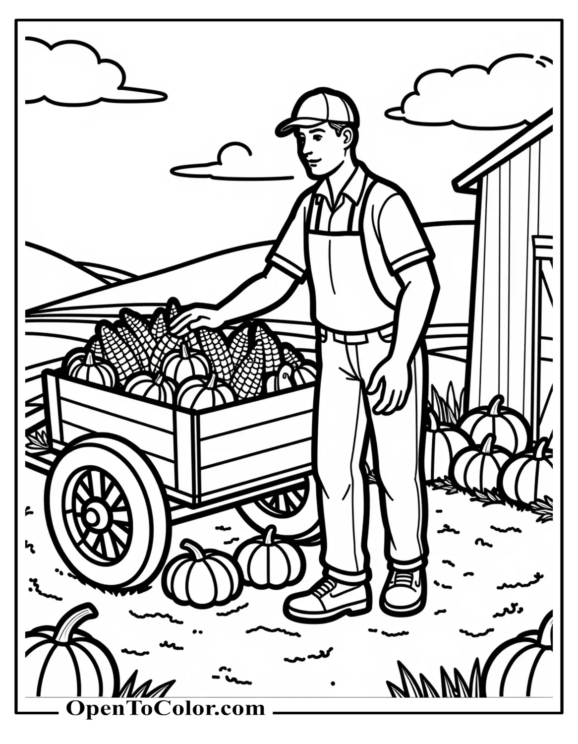 Free Coloring Sheet of Farmer Loading Corn and Pumpkins onto a Wooden Cart Beside a Barn