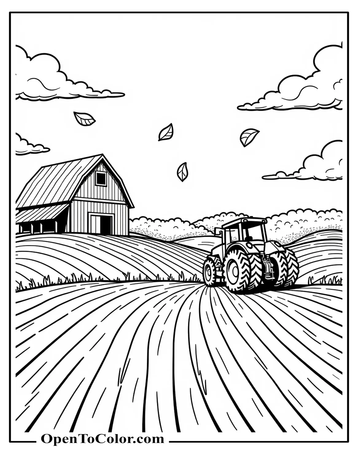 Free Coloring Page of Rolling Farmland with a Barn, Tractor, and Gusts Blowing Leaves Across Fields