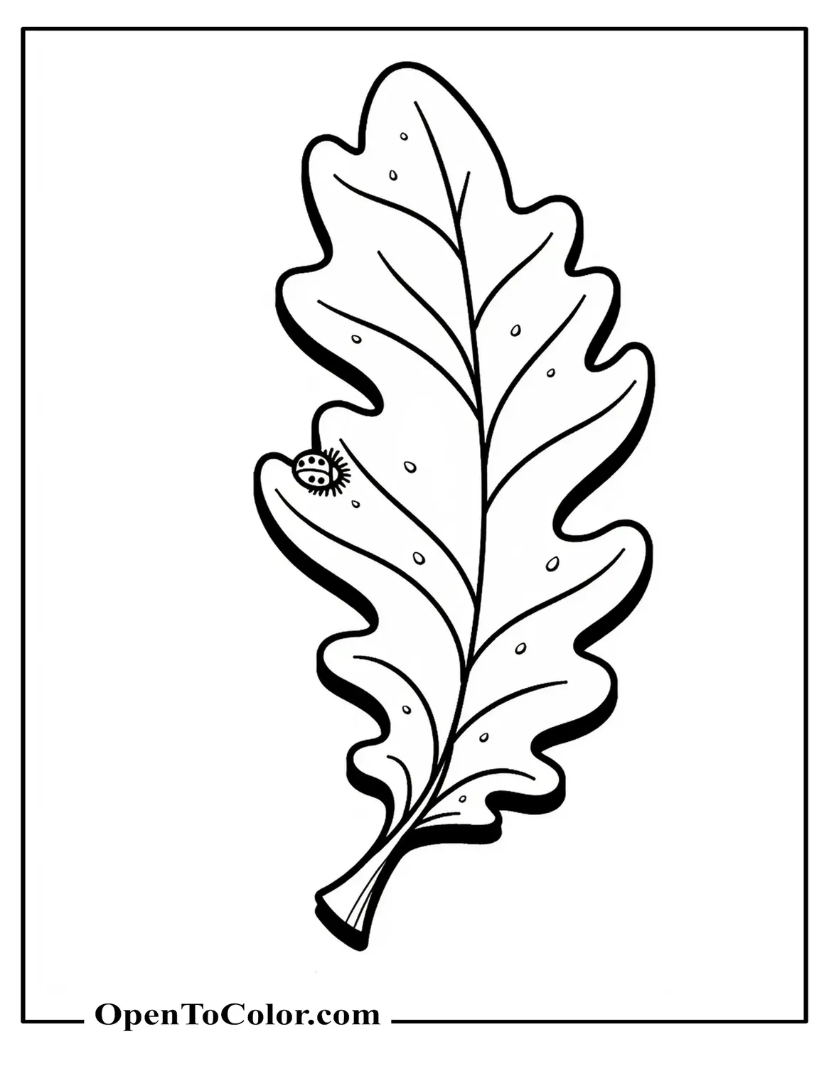 Close-up oak leaf coloring sheet with water droplets and a tiny ladybug on the edge, printable.