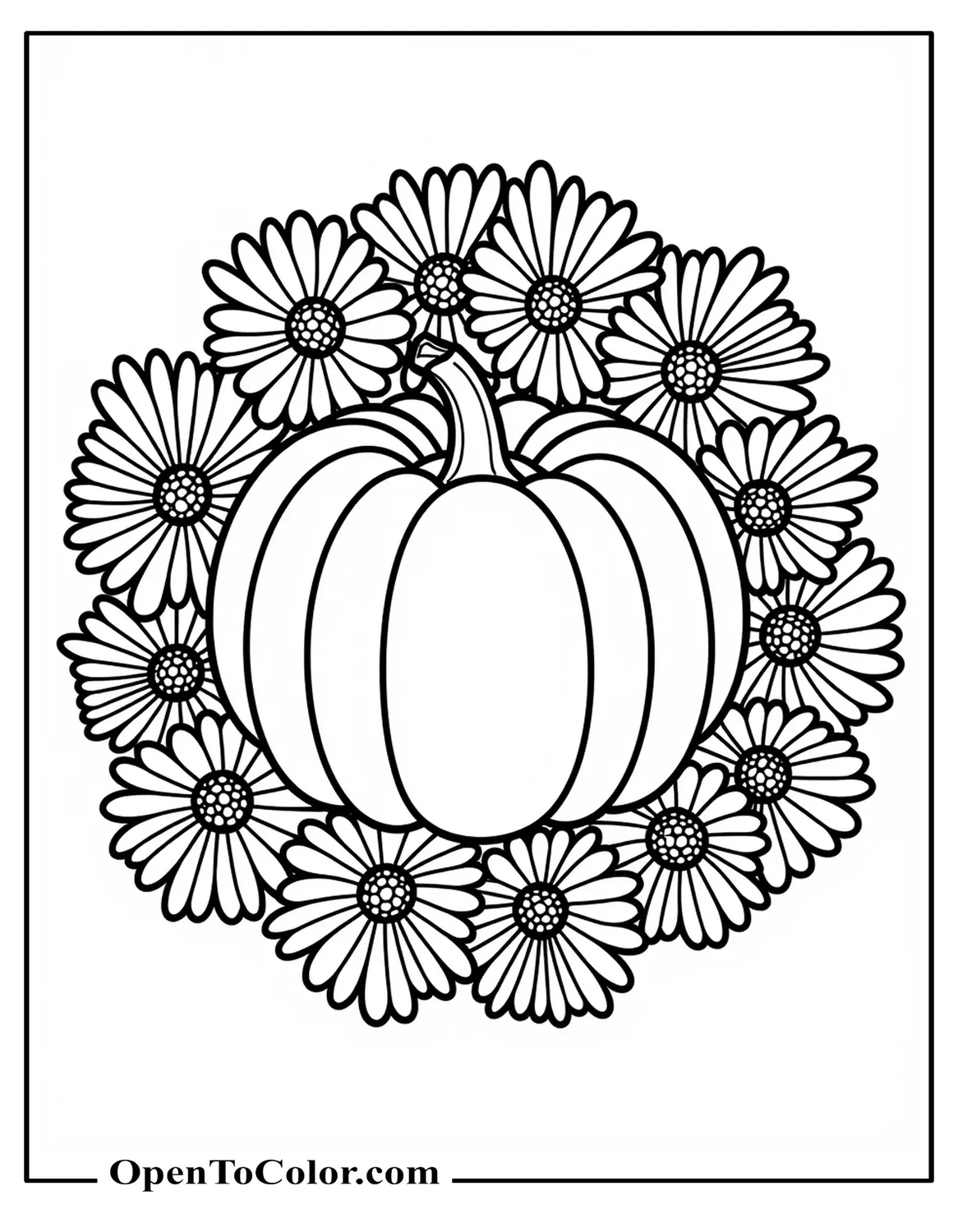 Printable coloring sheet of symmetrical mandala combining pumpkins and chrysanthemums in circular design