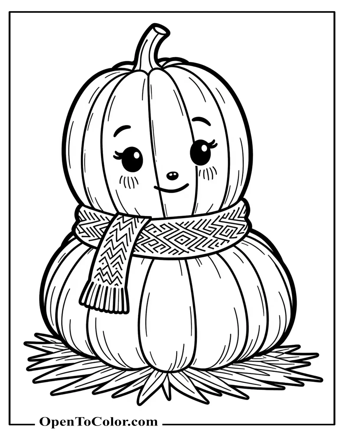 Free Coloring Page of a Large Pumpkin Wearing a Knit Scarf Sitting on a Hay Stack