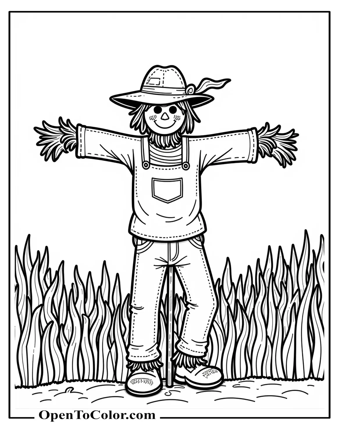 Free Coloring Sheet of a Scarecrow Dancing in a Cornfield with a Patched Hat Blowing in the Wind