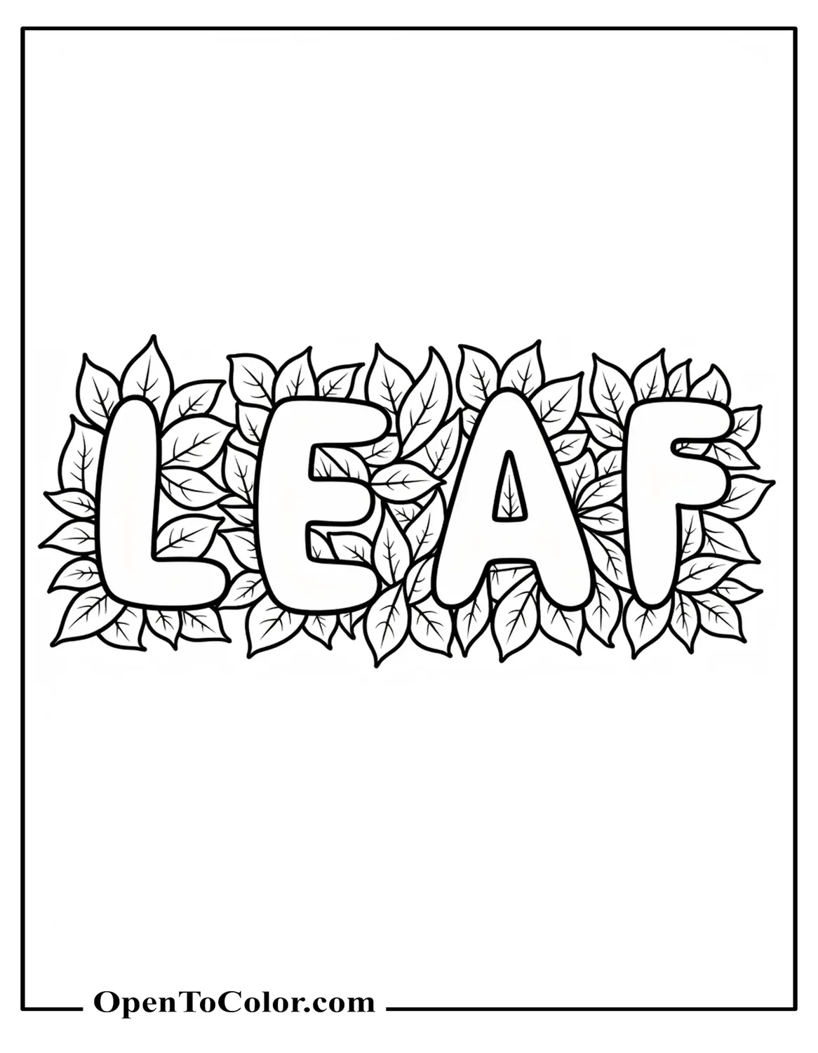 Free Coloring Page: Bubble Letters “Leaf” Decorated with Small Leaves Surrounding Each Letter