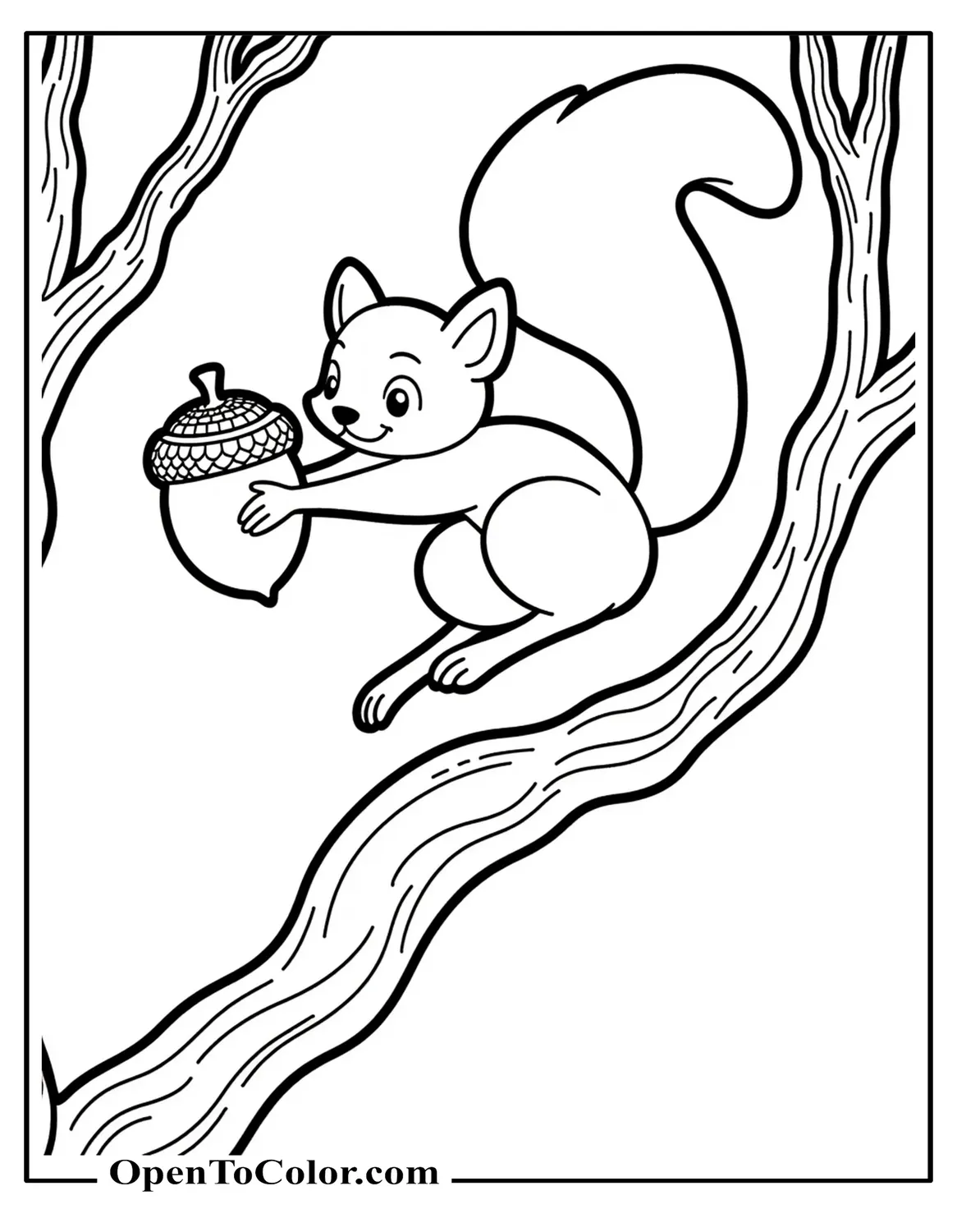 Printable coloring sheet of a squirrel leaping between branches clutching an oversized acorn.