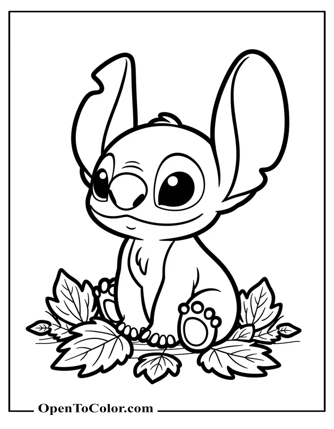 Free Coloring Page of Stitch Sitting Among Falling Autumn Leaves