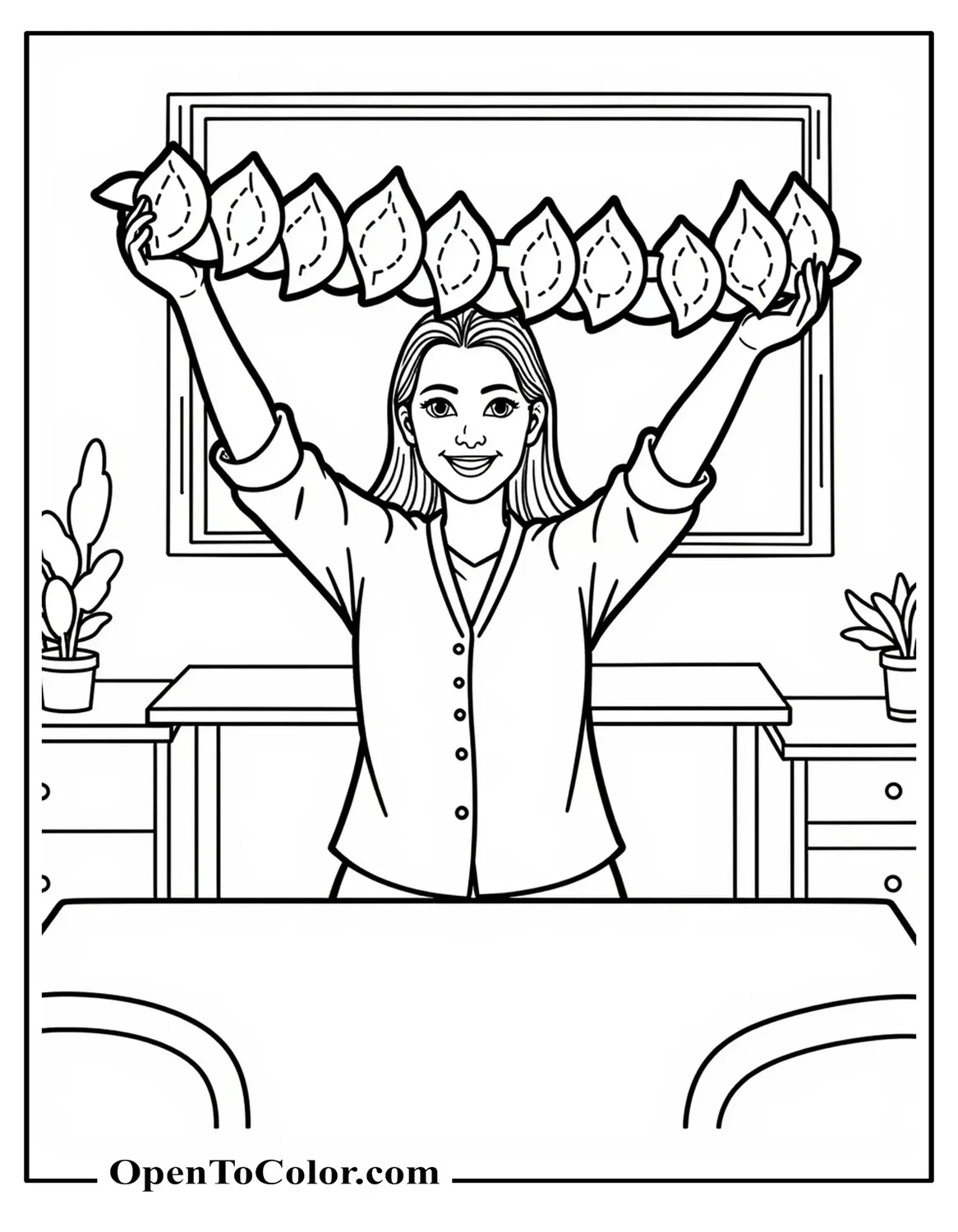 Teacher Holding Up A Leaf Garland Craft In A Sunday School Classroom, Free Coloring Sheet