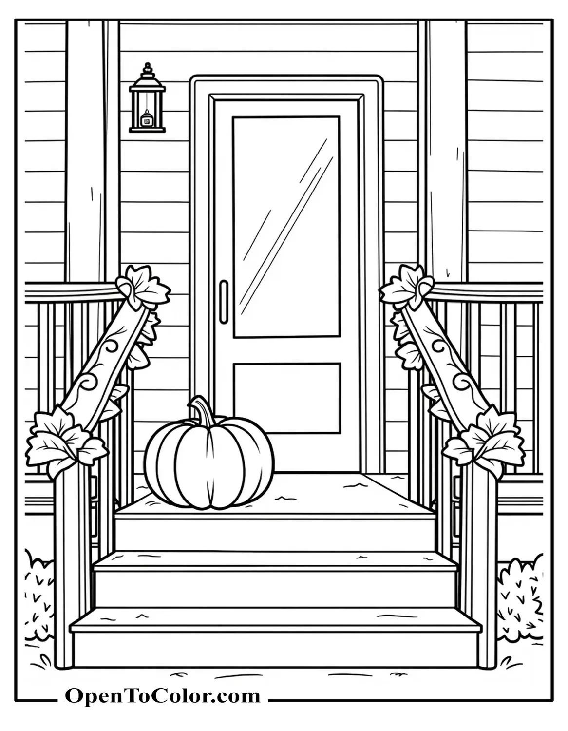 Coloring page PDF of a single pumpkin on a porch with a lantern and leaf garland along the railing.