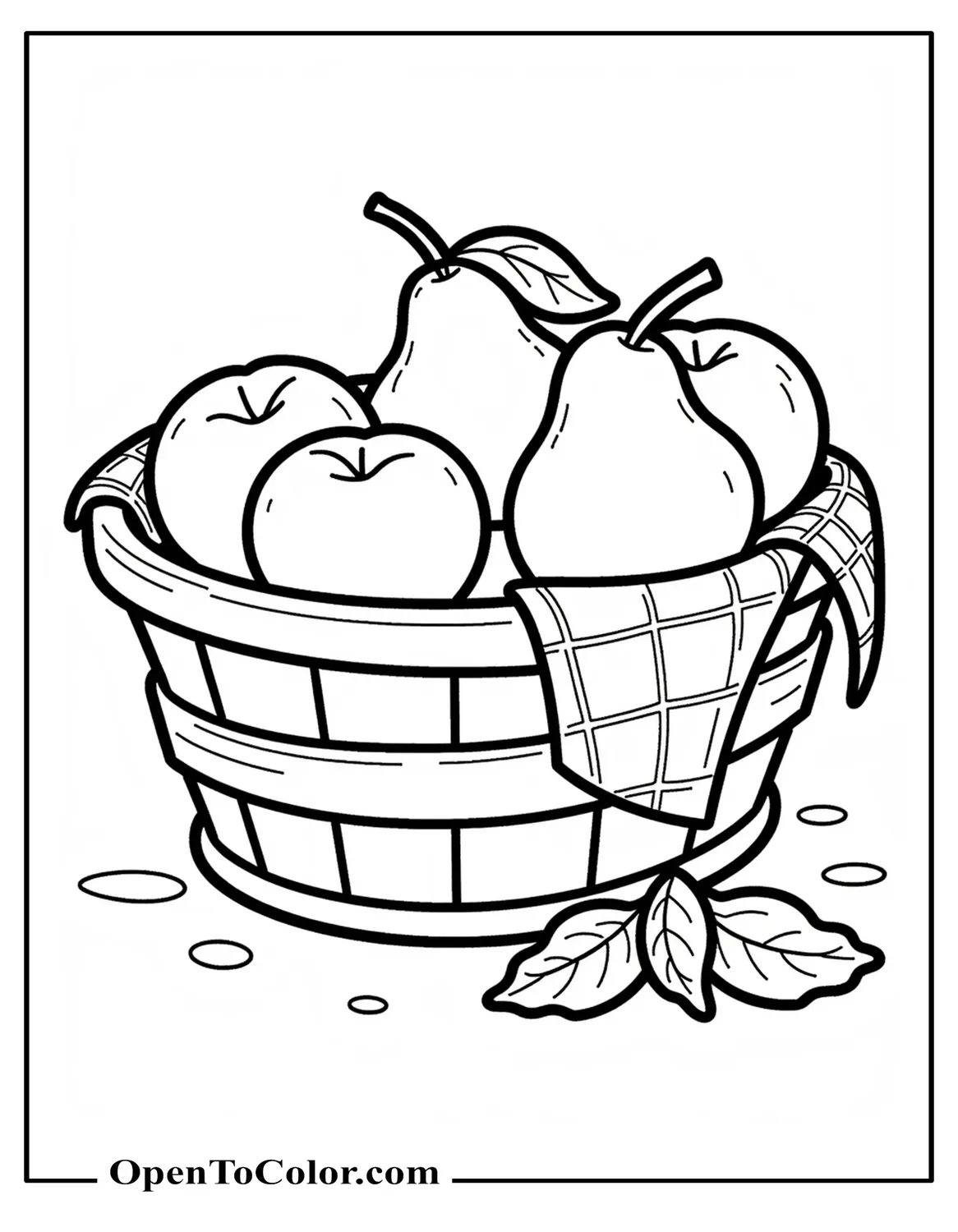 Coloring Page of Basket of Apples and Pears Lined with a Checked Cloth and Scattered Leaves, Printable