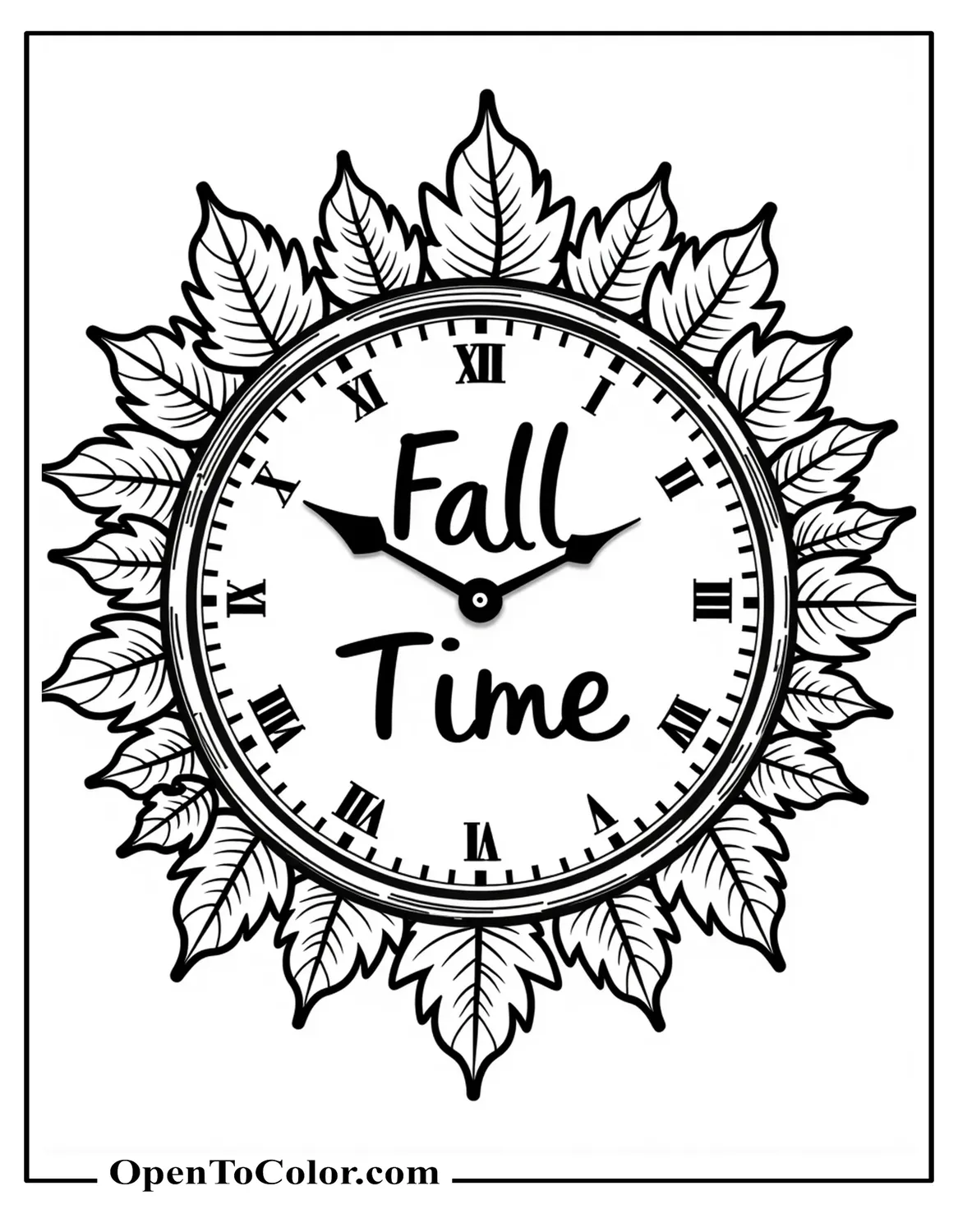 Printable Coloring Sheet of a Clock Face Made of Leaves with the Phrase “Fall Time” in the Center