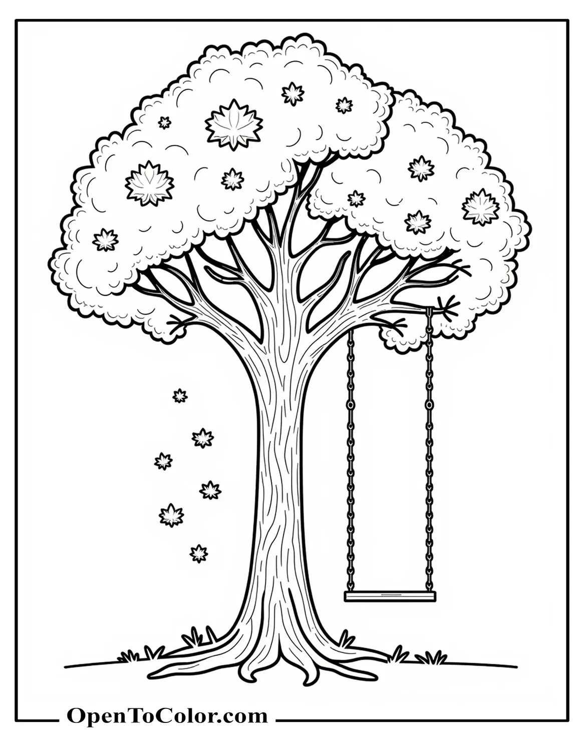 Coloring Sheet PDF of a Tall Tree With a Swing Swaying Gently as Maple Leaves Drift Downward